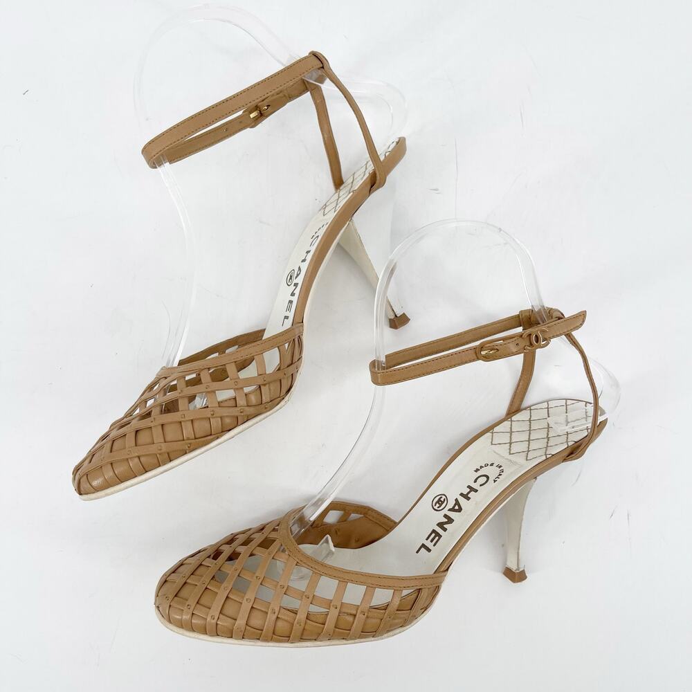 Chanel Vintage Retro Camel Tan Leather Woven Lattice Ankle Strap Heels EU 38 - Picture 4 of 14